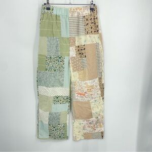 Cotton patchwork pants brown green cream floral deer print Sz XS ivory